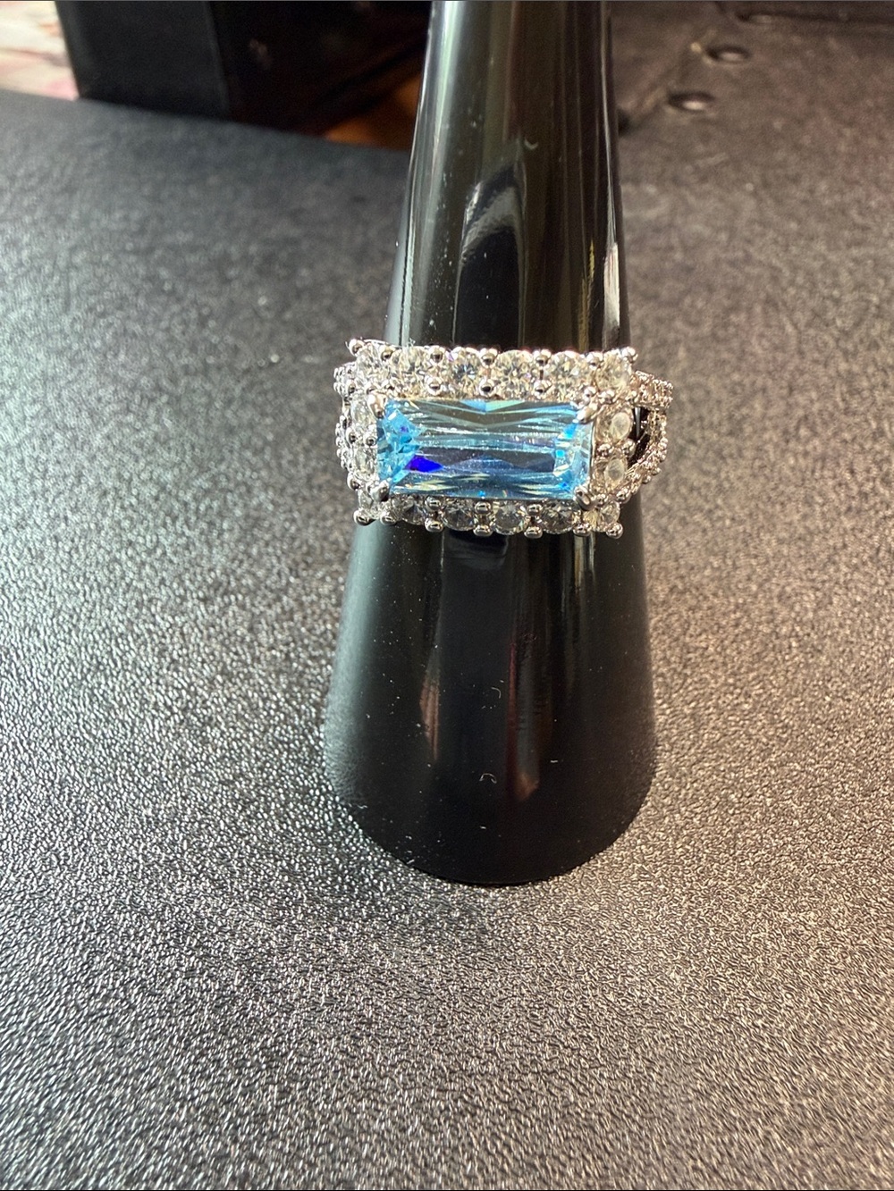 Silver Ring with Rectangular Blue Center Stone